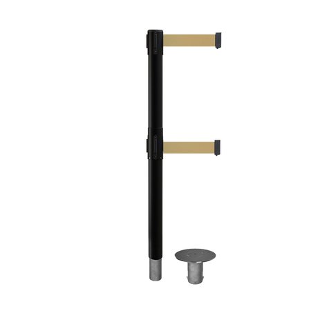 MONTOUR LINE Stanchion Dual Belt Bar.Removable Base Black Post 7.5ftLt BrwnBelt MX630DR-BK-LBN-75